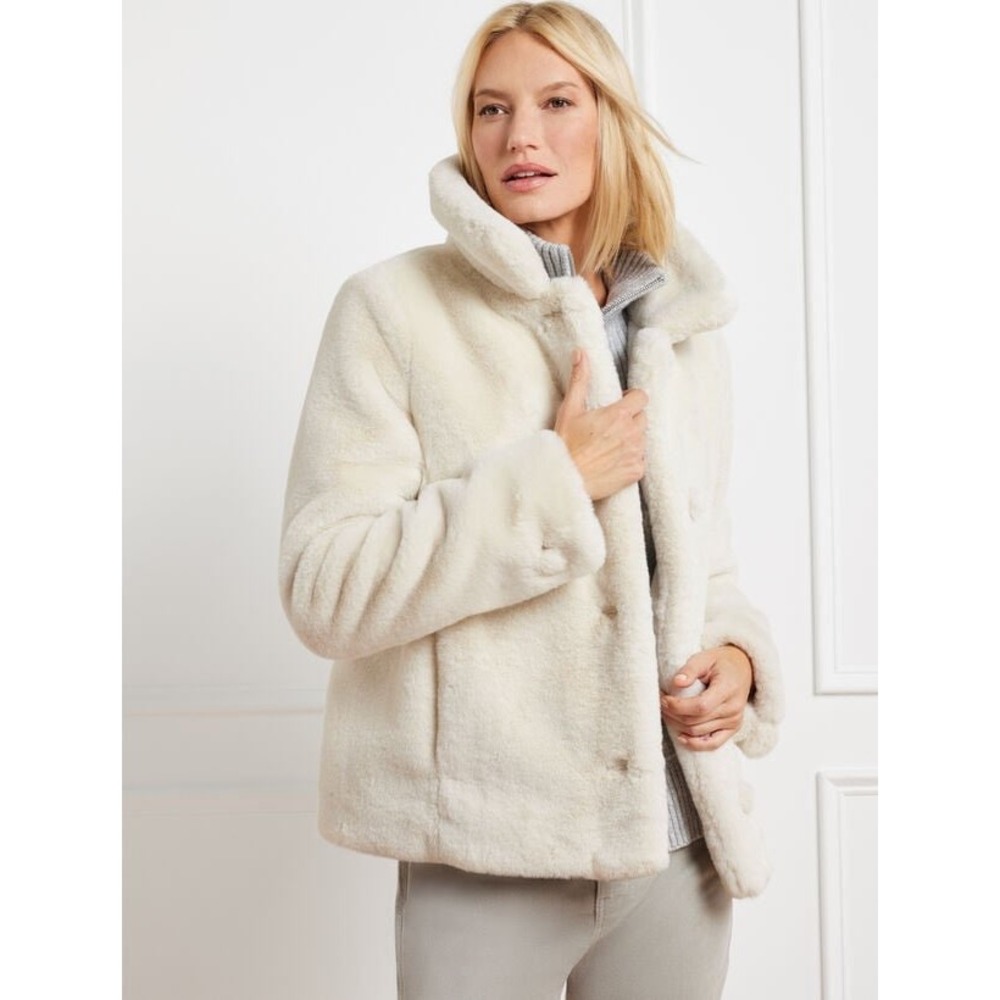 Talbots Coat Jacket Faux Fur Ivory Crew Medium